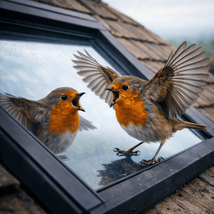 European robin bird perched on skylight window reflecting in the glass
